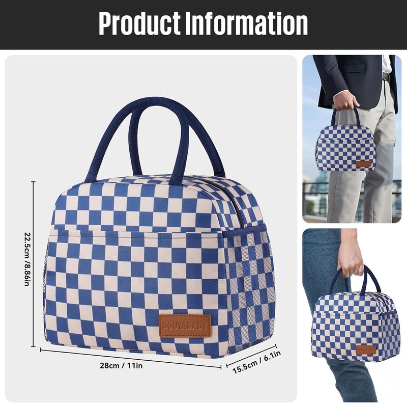 douyadady Lunch Bag Women/Men Lunch Box Women/Men (Blue+Beige Checkerboard) - Image 2